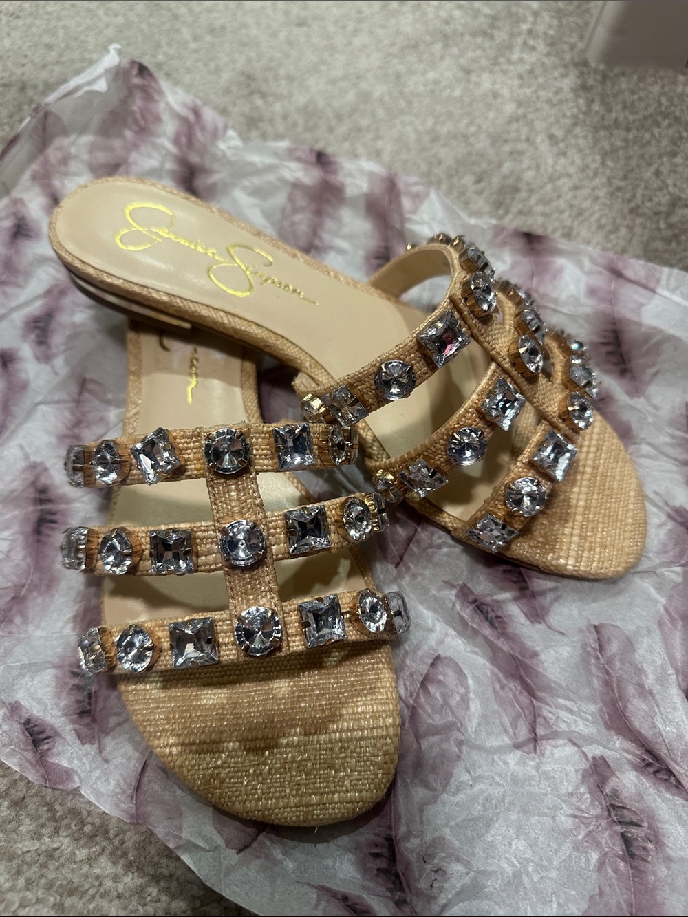 Jessica Simpson Tan Jeweled Raffia Slide Mules